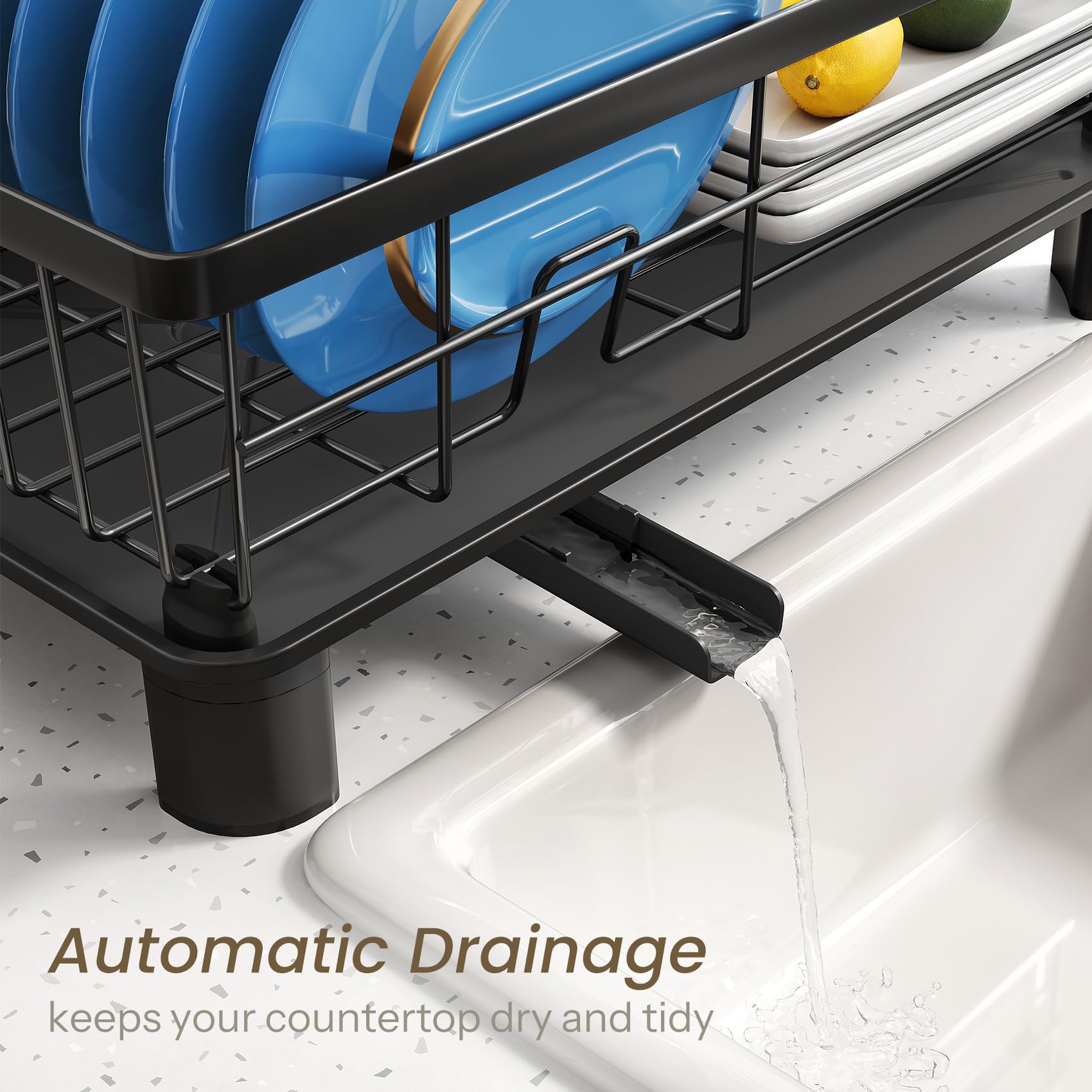 SNTD dish drying rack anti-slip silicone caps protect countertops.