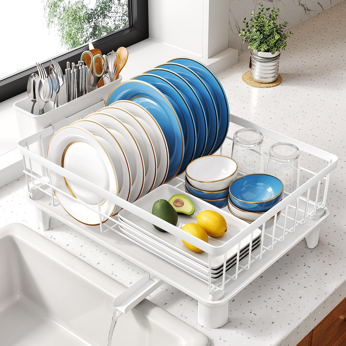 SNTD Dish Drying Rack compact design on countertop, saving space and organizing dishes.