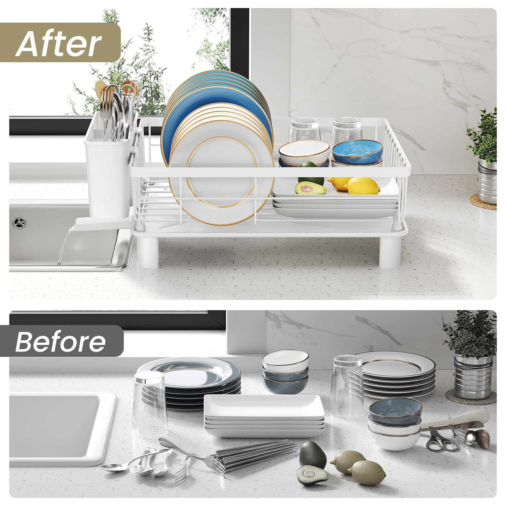 SNTD Dish Drying Rack compact size ideal for countertops and shelves.
