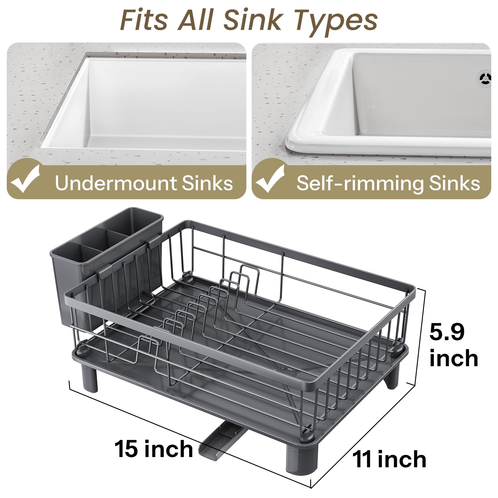 SNTD dish drying rack with drainboard-angle redirects water into the sink to reduce mess