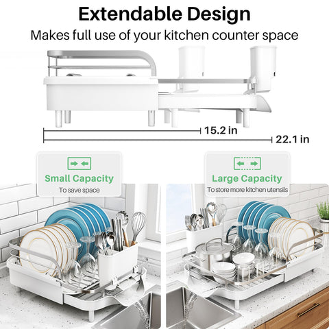 SNTD dish drying rack with drip-tray directing water to sink.