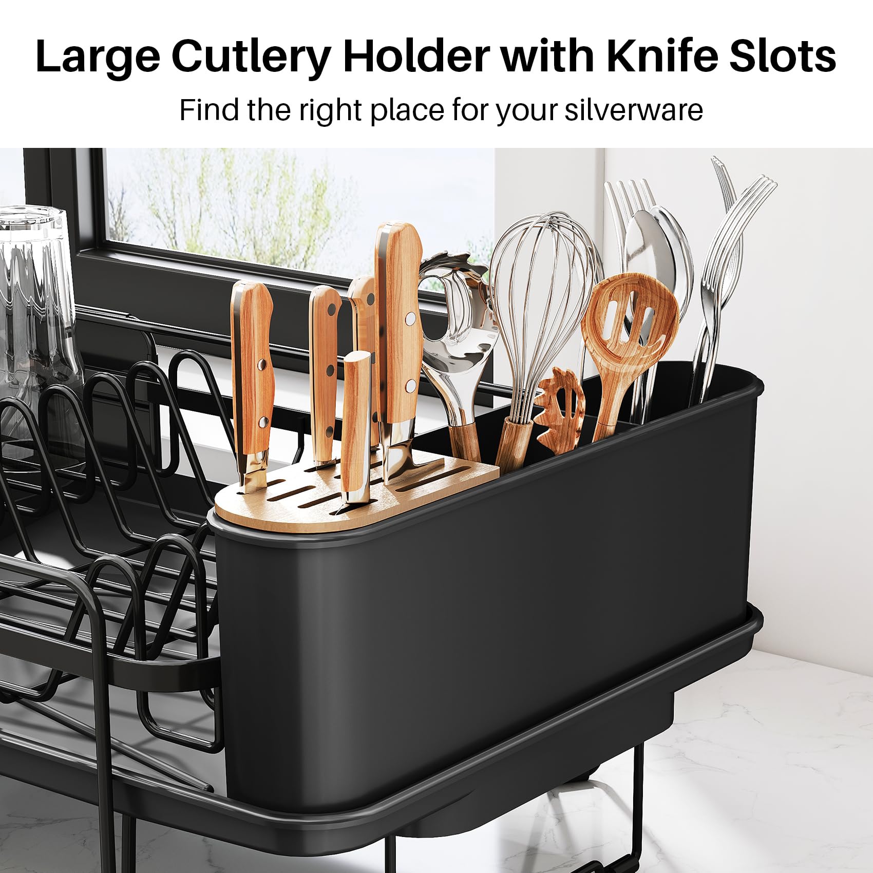 SNTD dish drying rack easy-assembly-cleaning shows tool-free setup and quick cleaning.