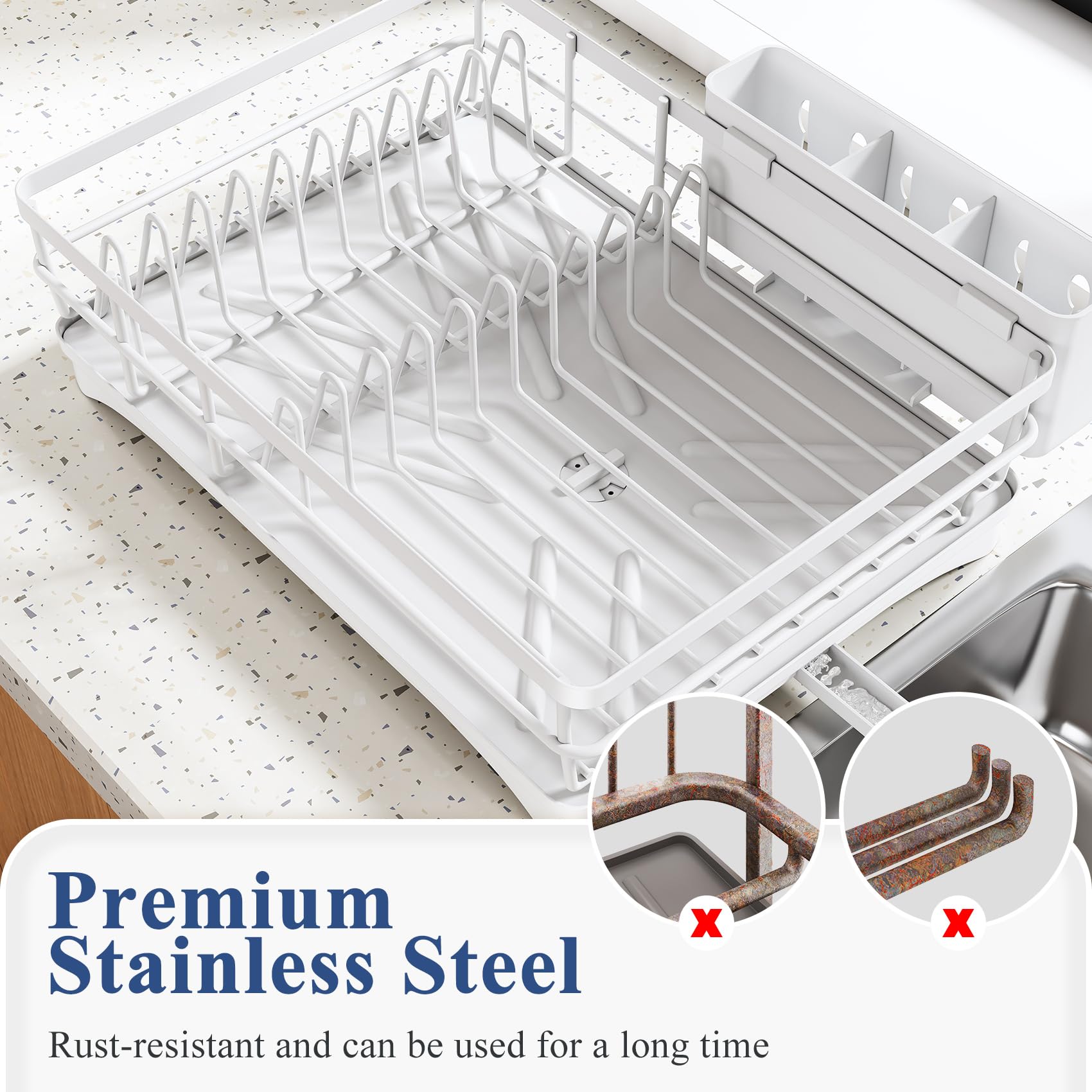 SNTD dish drying rack easy-assembly design for quick setup without tools.