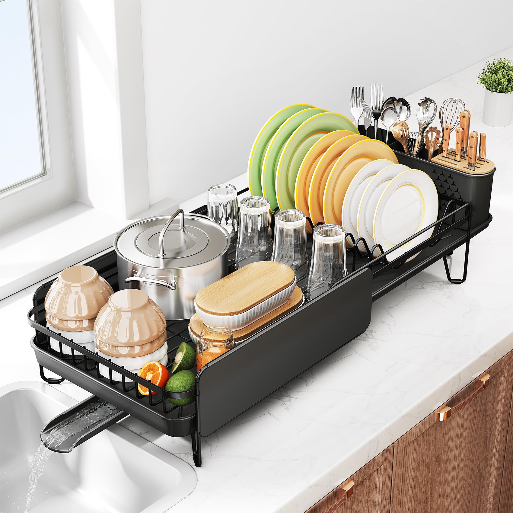 SNTD dish drying rack expandable-length view demonstrates adjustable fit for different counter sizes.
