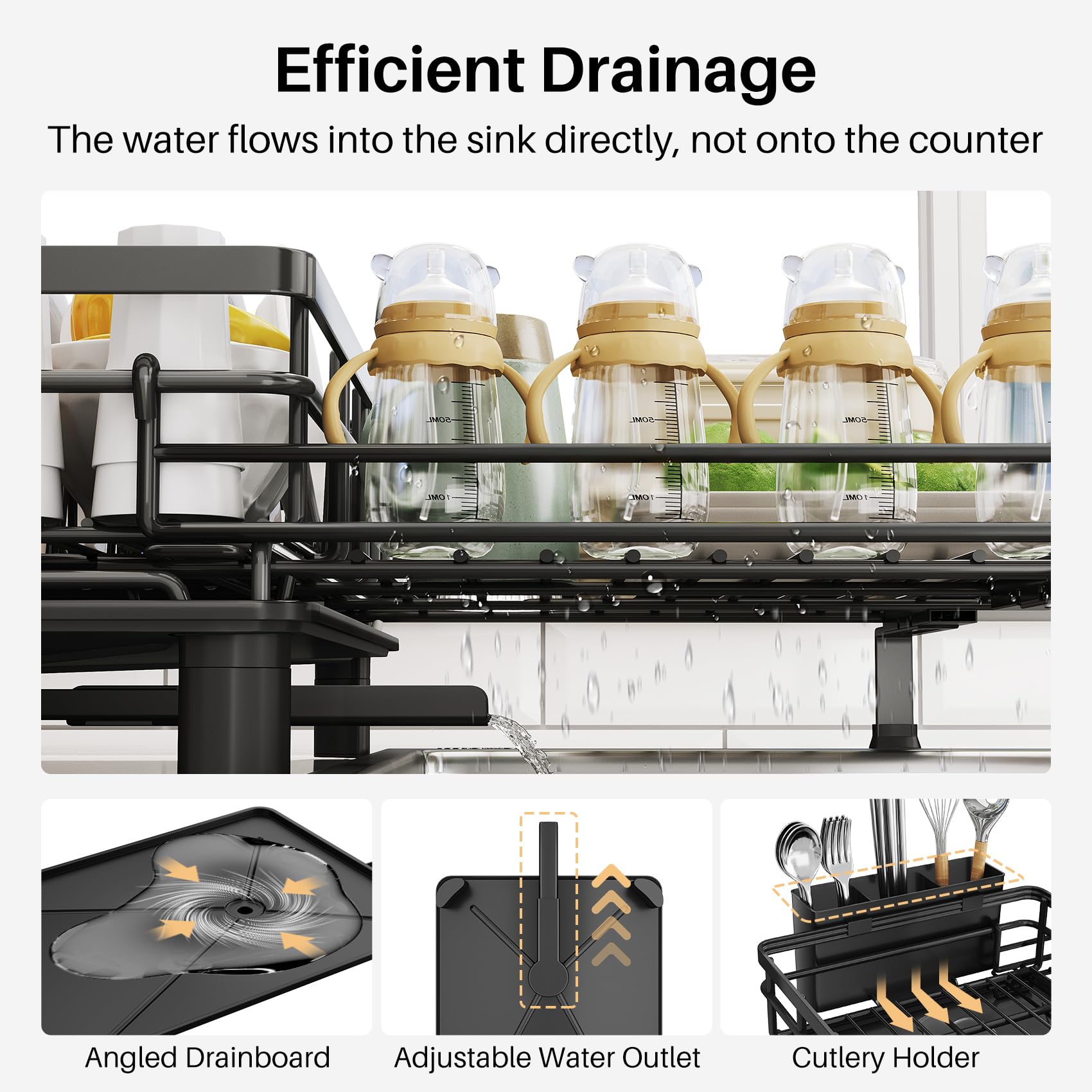 SNTD dish drying rack extendable feet provide stable over-sink setup.
