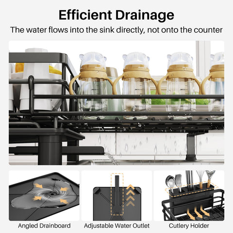 SNTD dish drying rack extendable feet provide stable over-sink setup.