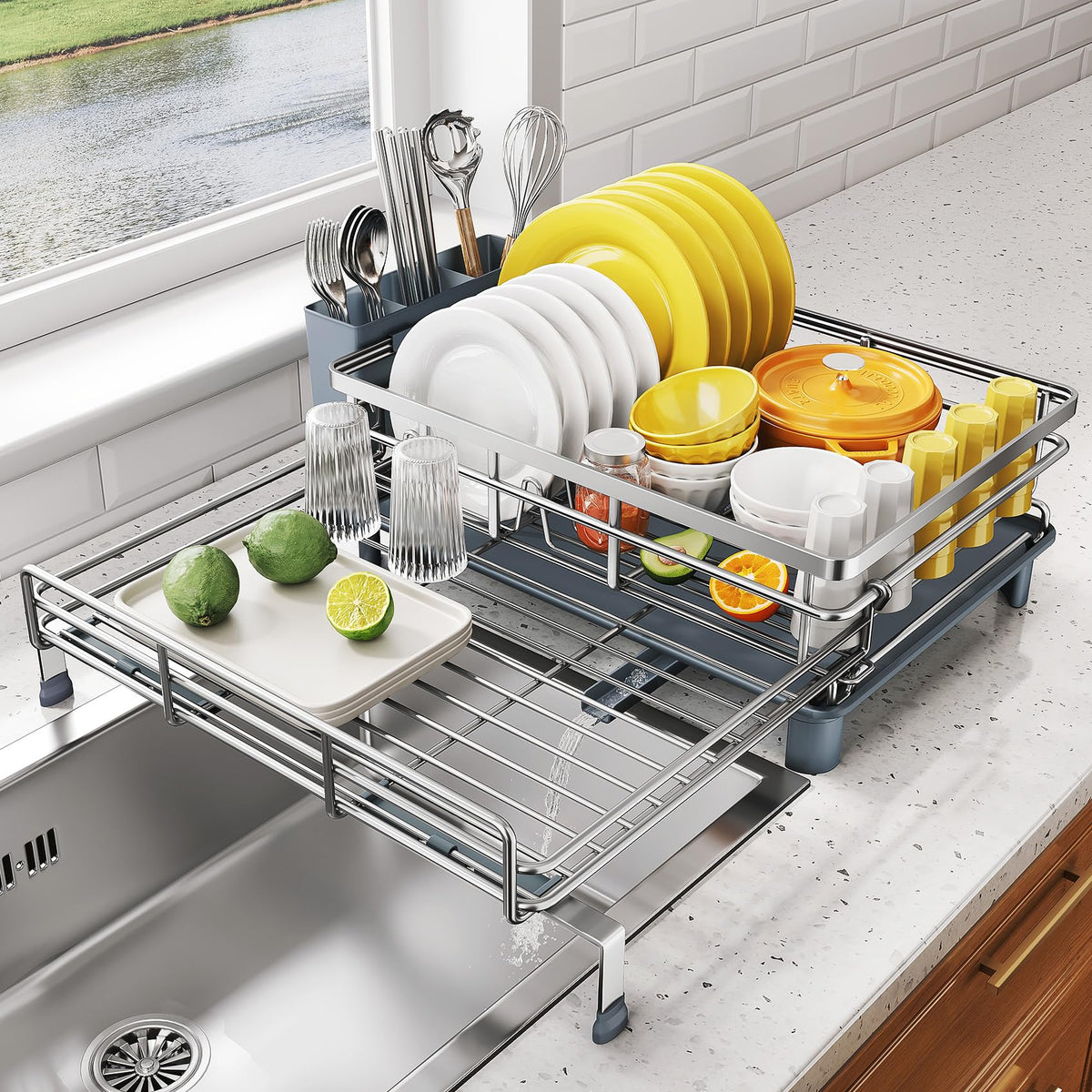 SNTD extendable over-sink dish rack frees counter space for drying.
