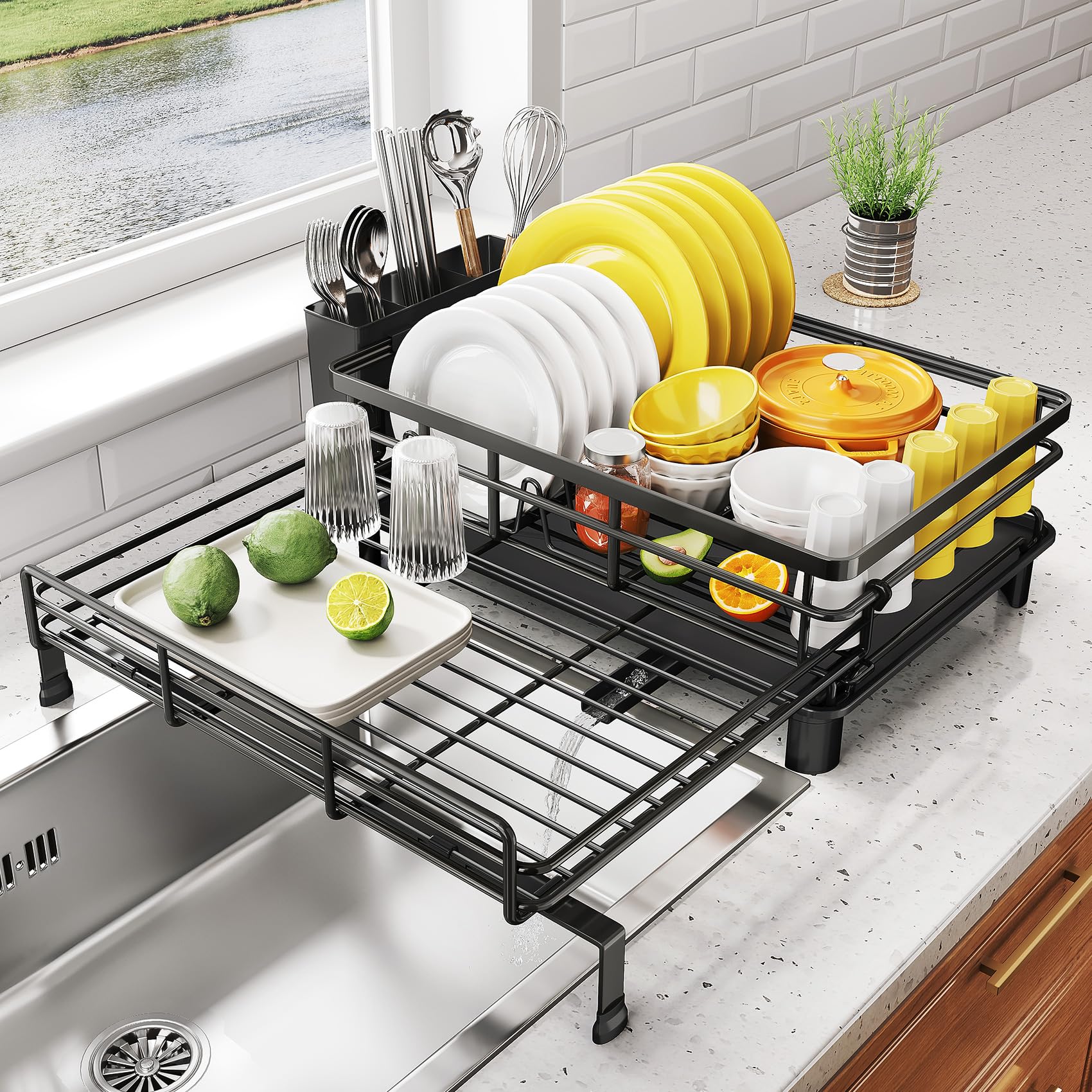 SNTD dish drying rack extendable over sink for organized counter drying.