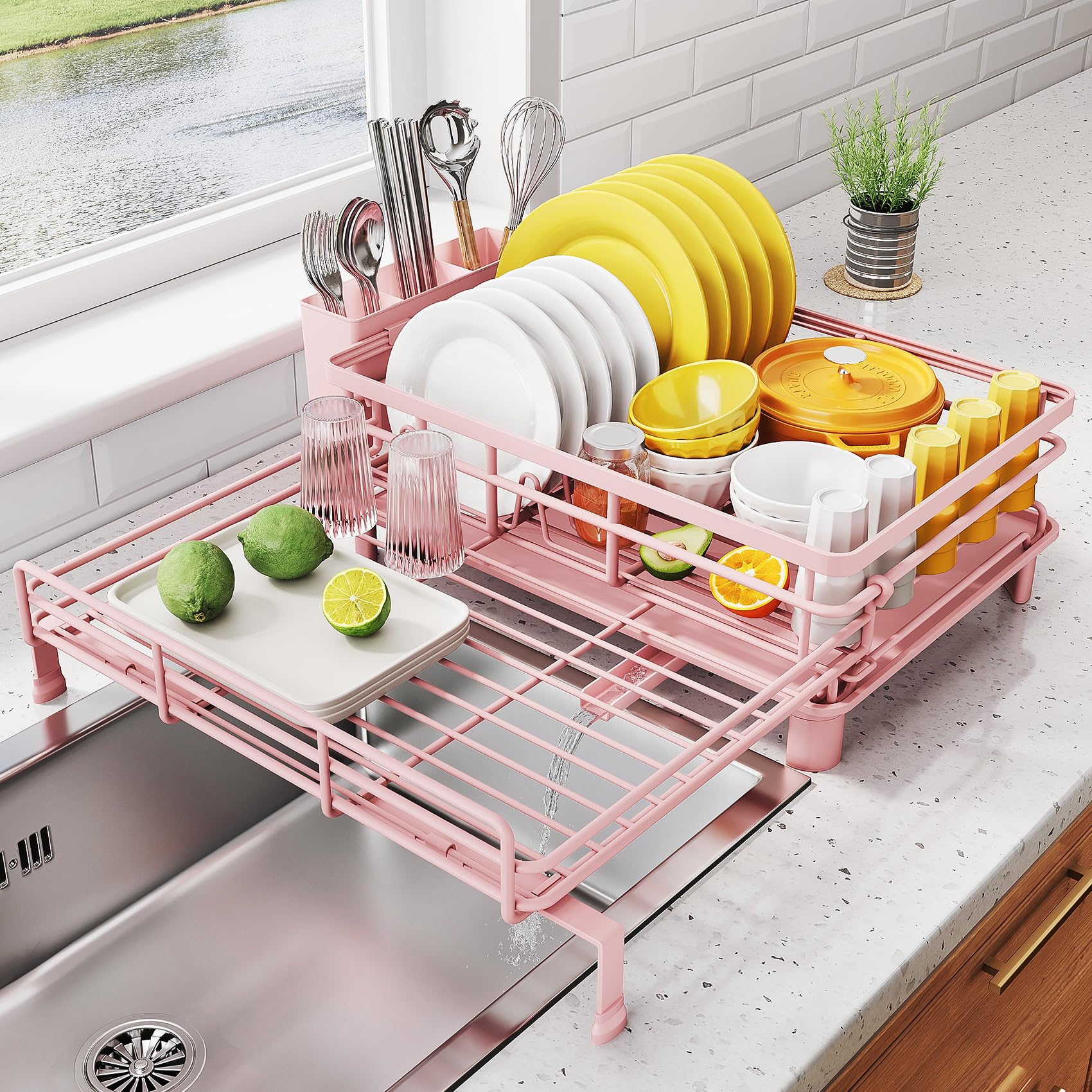 SNTD dish drying rack extends over the sink for clutter-free countertops.