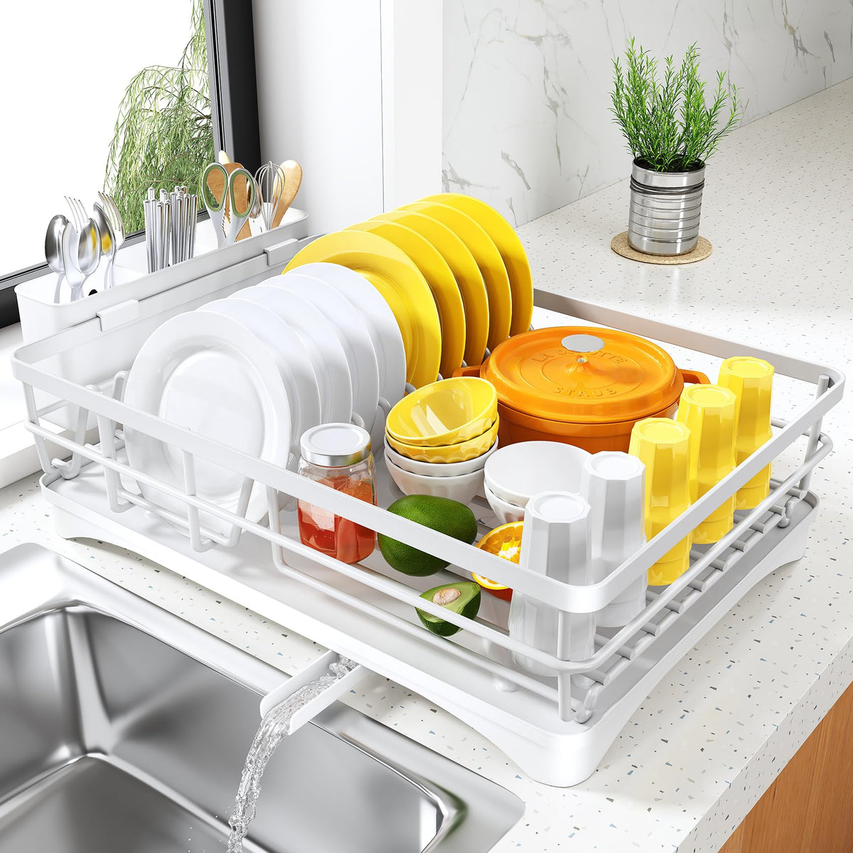 SNTD dish drying rack shows large capacity for plates and bowls on a kitchen counter.