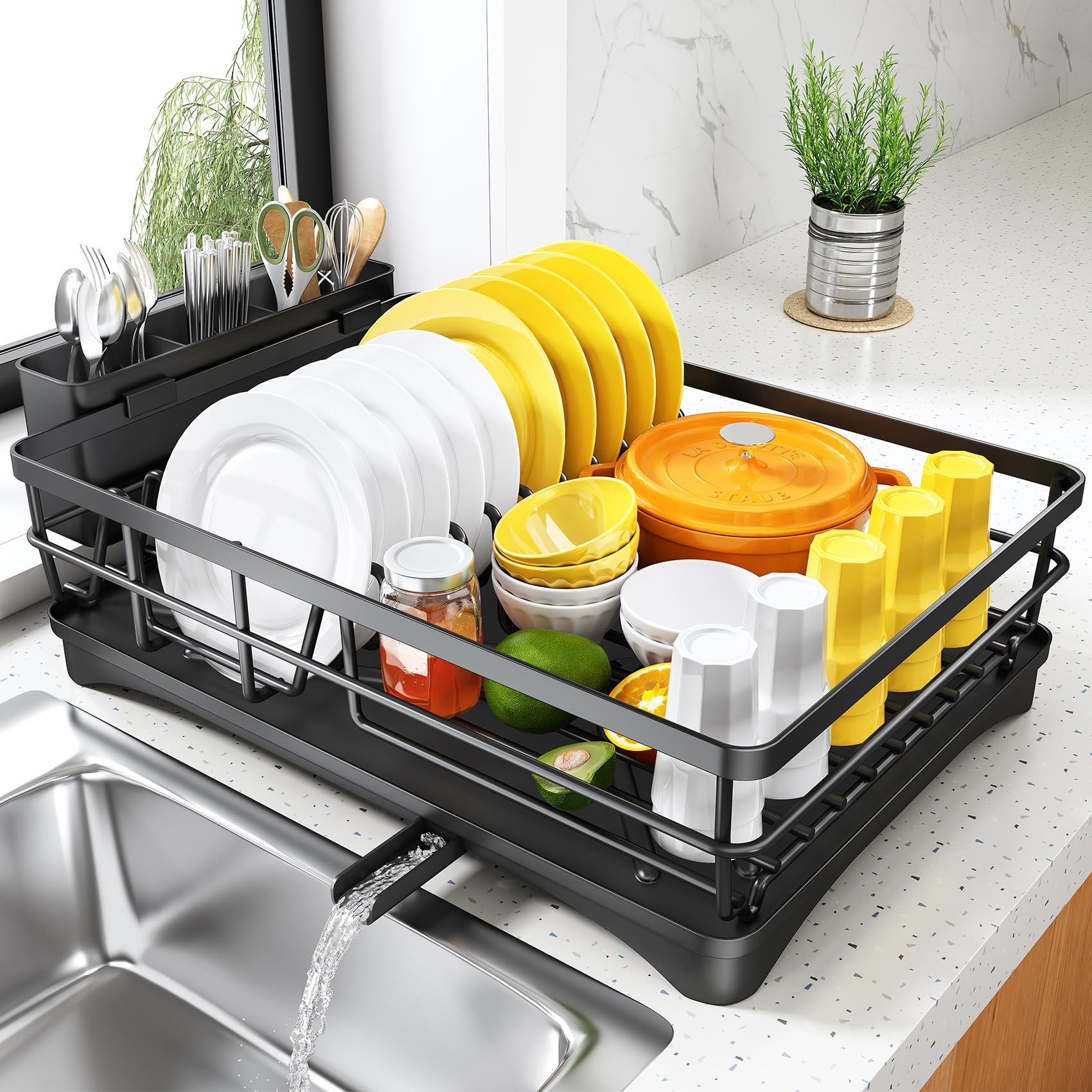 SNTD dish drying rack demonstrates large capacity for compact kitchens, holding plates and bowls.