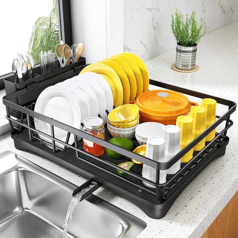 SNTD dish drying rack demonstrates large capacity for compact kitchens, holding plates and bowls.