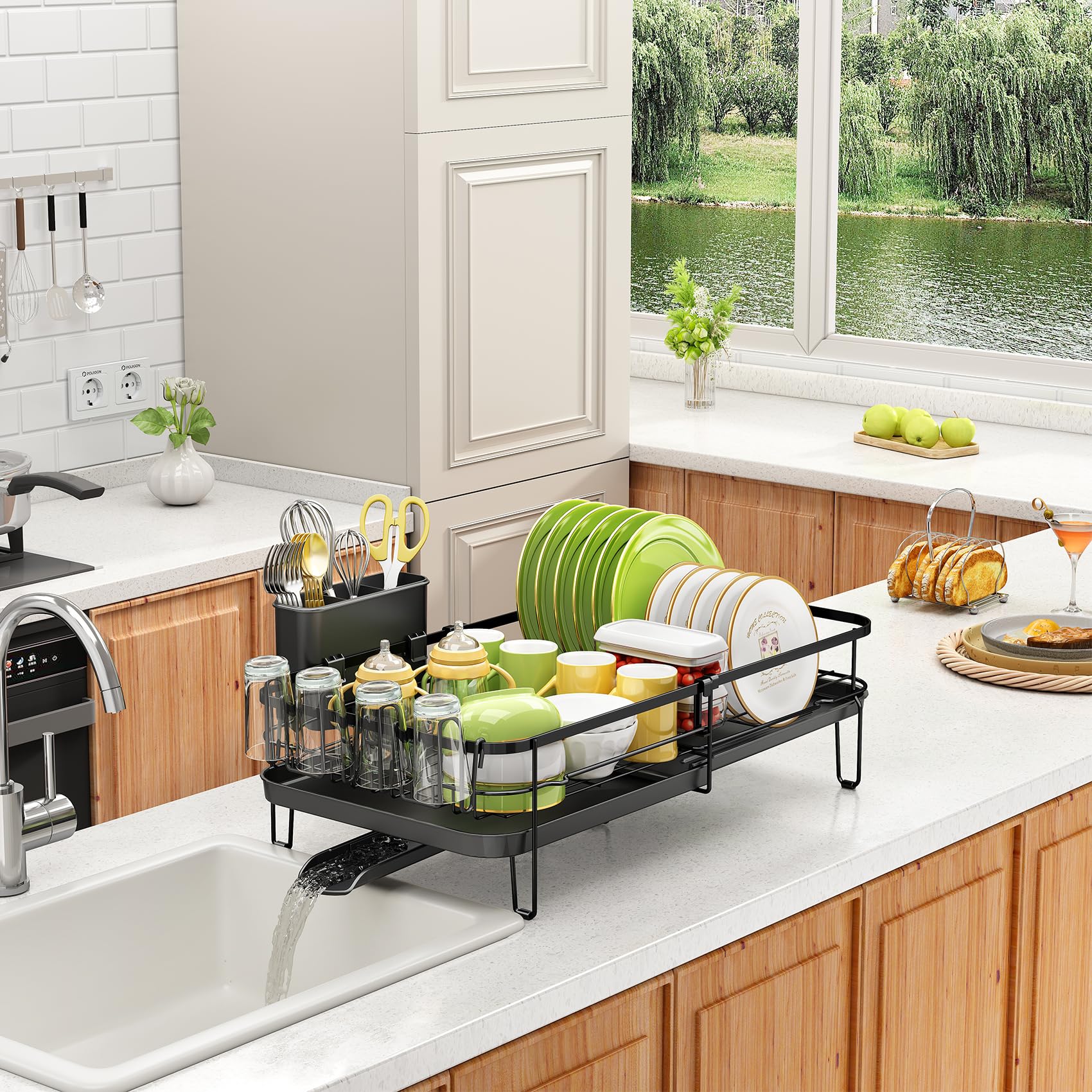 SNTD Dish Drying Rack on counter shows compact, ready-to-use setup