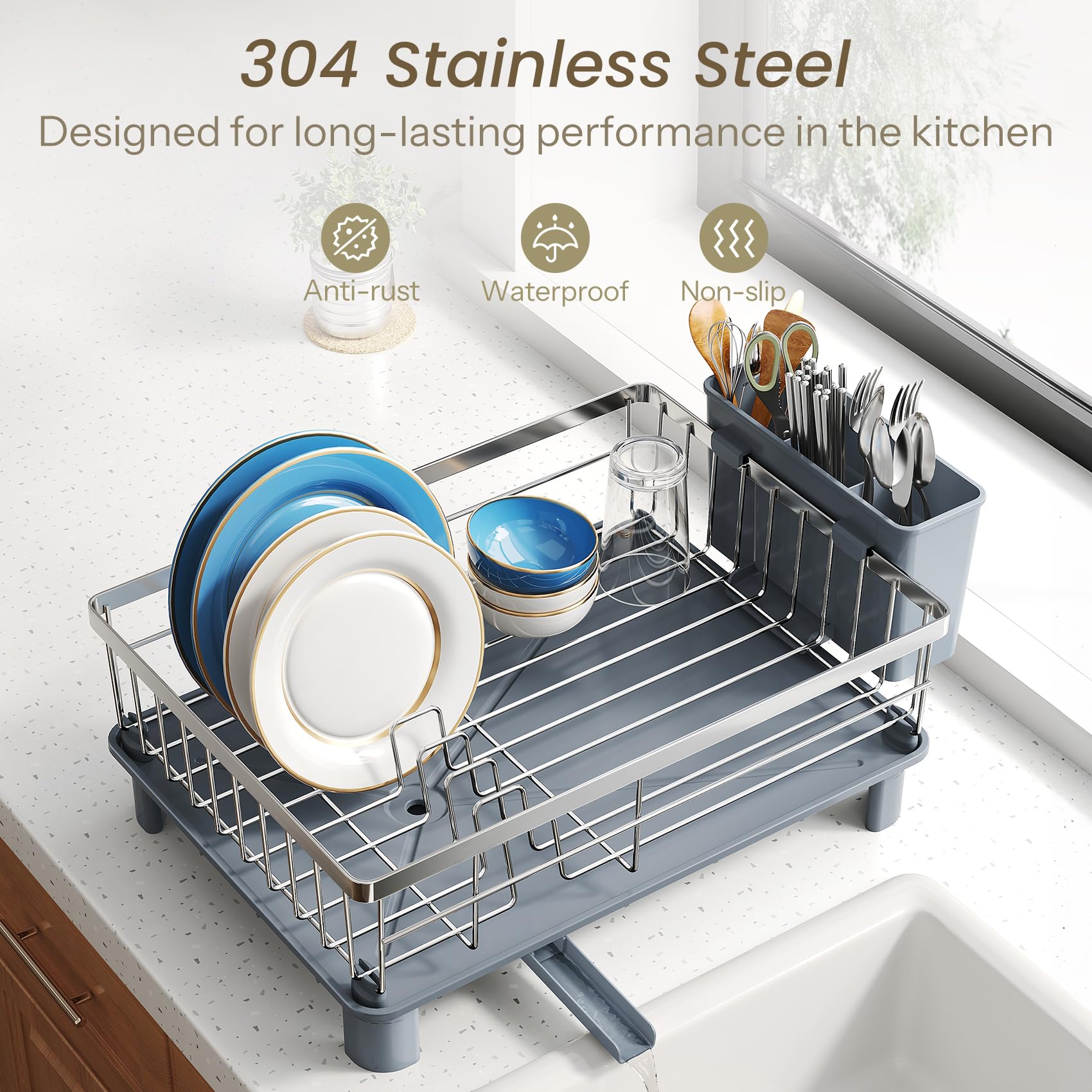 SNTD dish drying rack elevates 1.75 inches for better drainage.