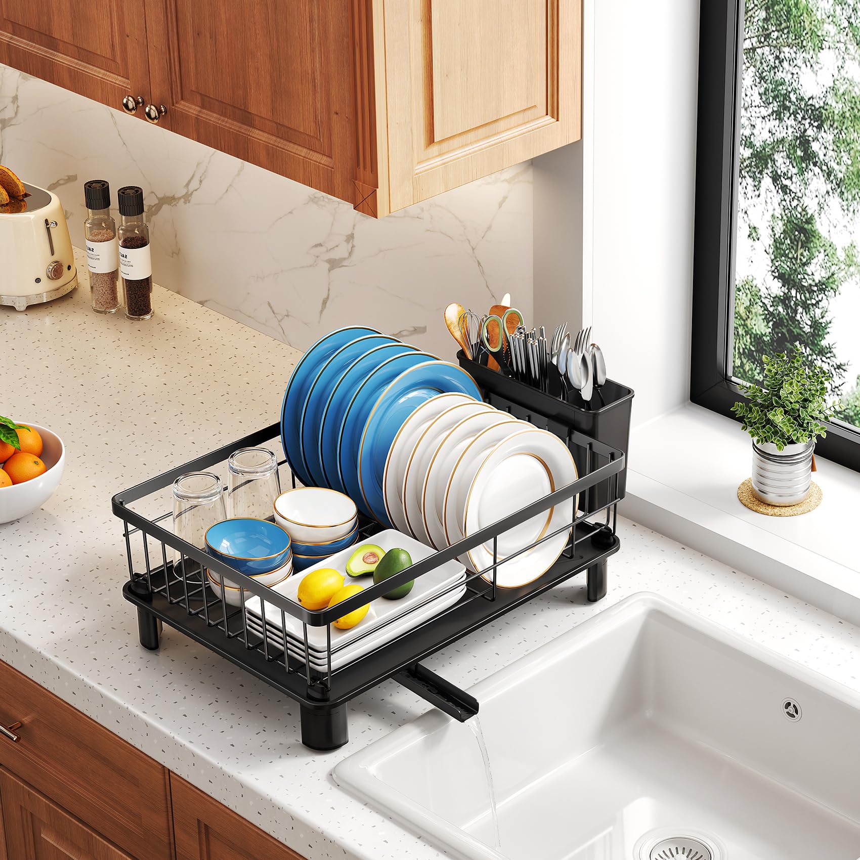 SNTD dish drying rack drains efficiently reducing countertop mess.
