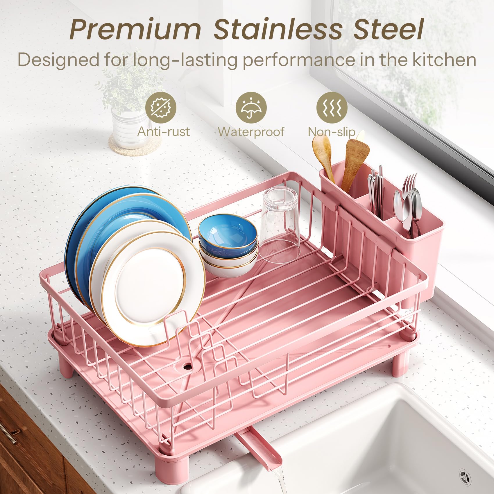 SNTD dish drying rack compact design in pink, ideal for apartments.