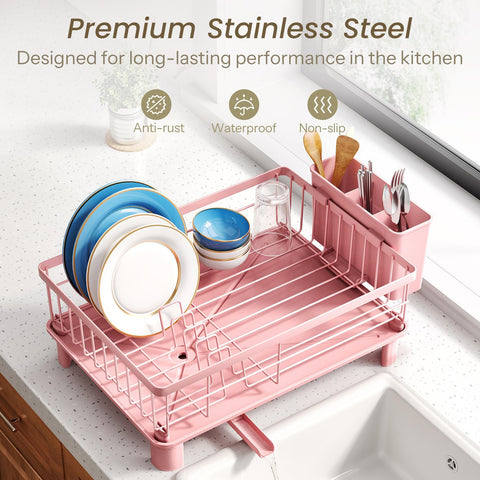 SNTD dish drying rack compact design in pink, ideal for apartments.