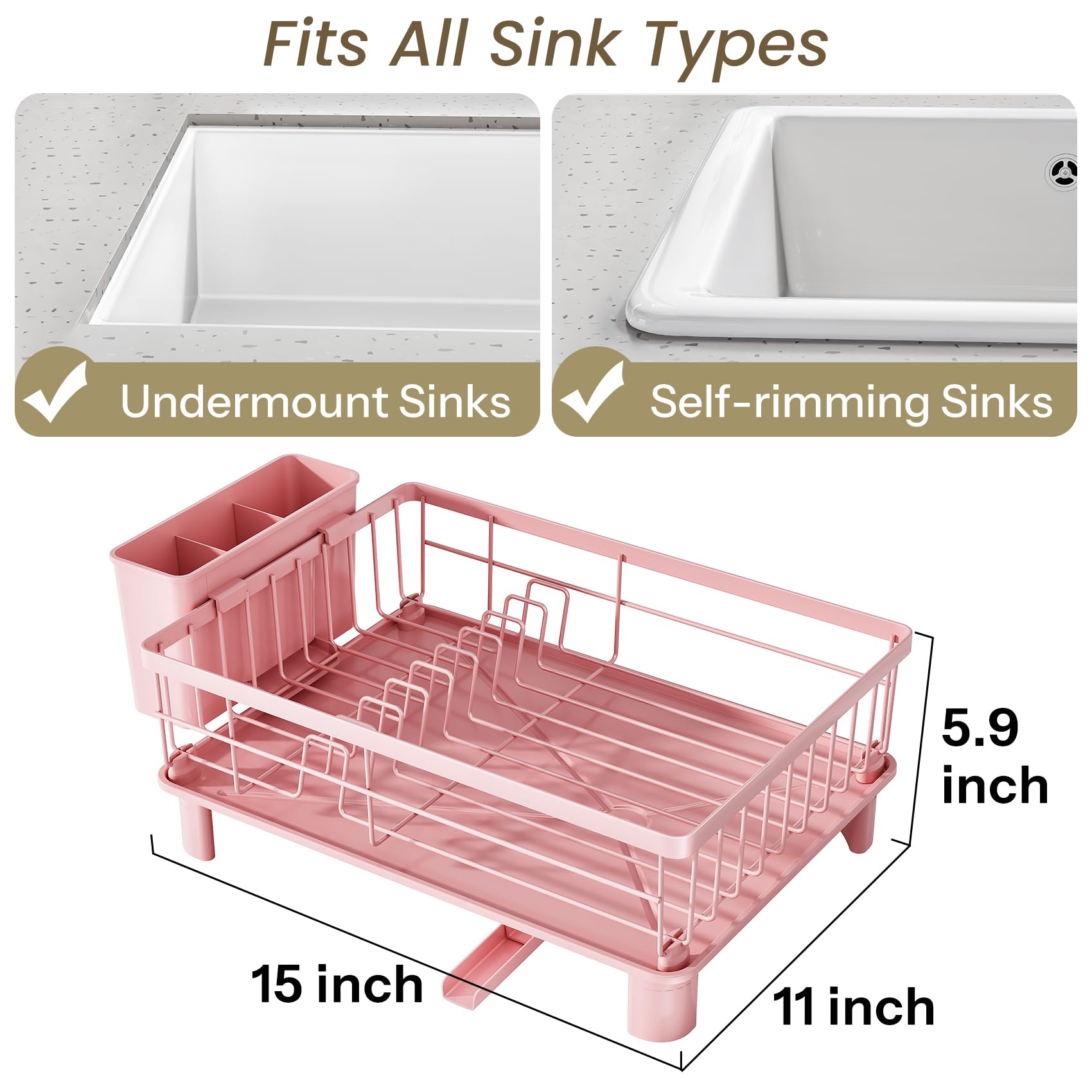 SNTD dish drying rack with drainboard in pink, channels water to sink.