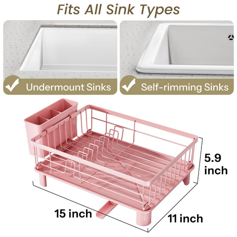 SNTD dish drying rack with drainboard in pink, channels water to sink.