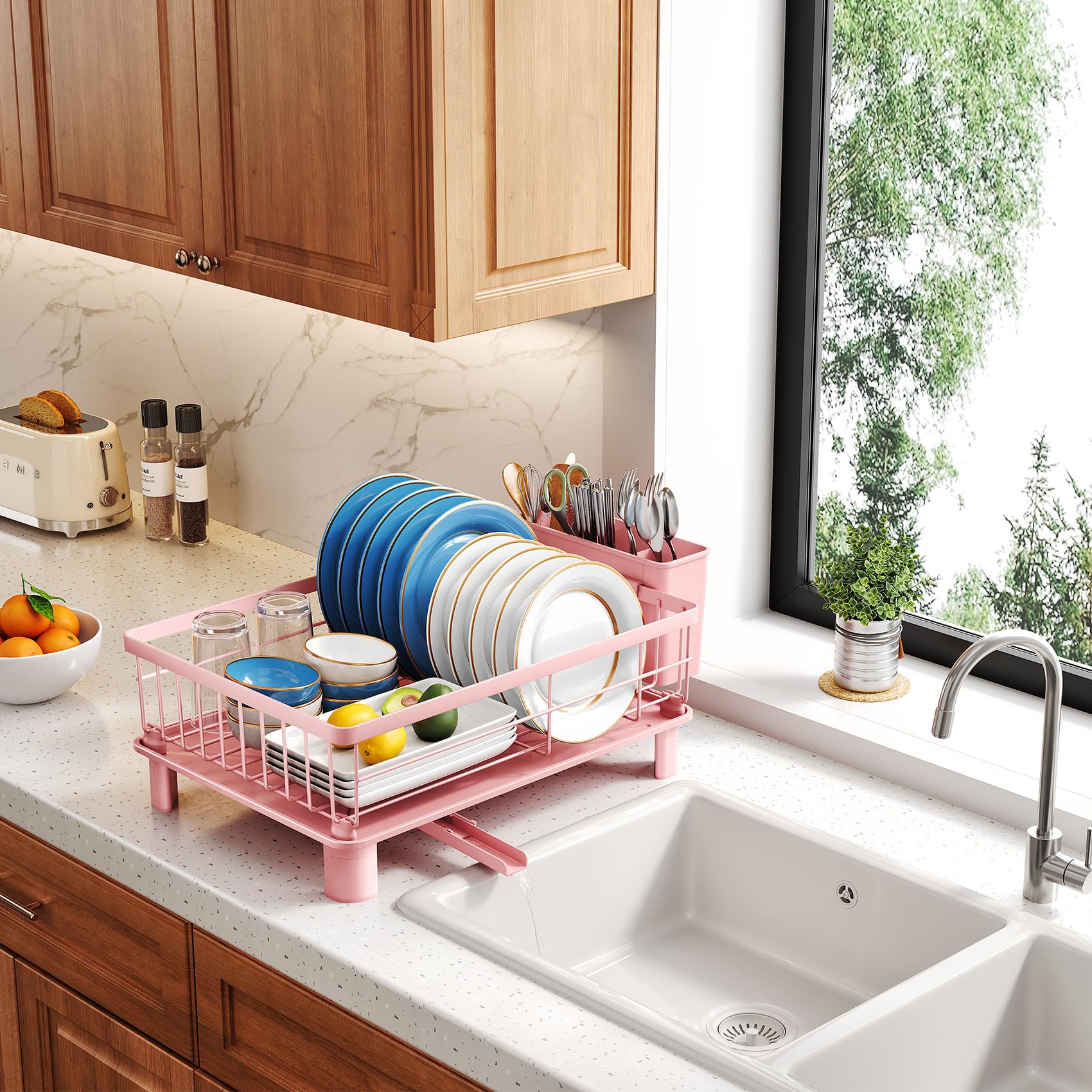 SNTD dish drying rack with easy cleaning in pink, simple maintenance.