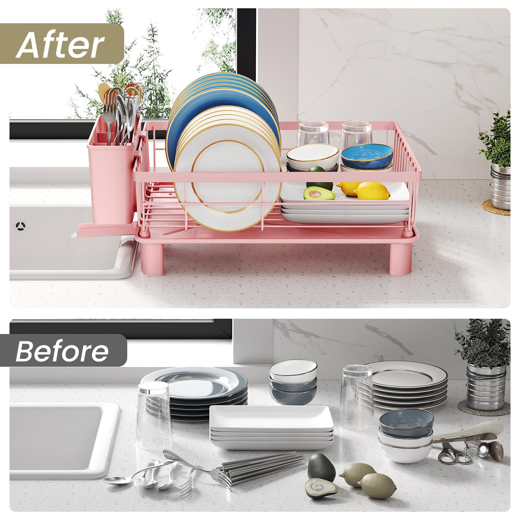 SNTD dish drying rack elevated legs in pink, enhances drainage.