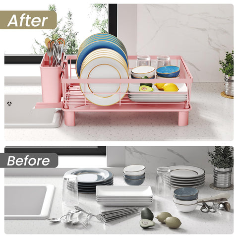 SNTD dish drying rack elevated legs in pink, enhances drainage.