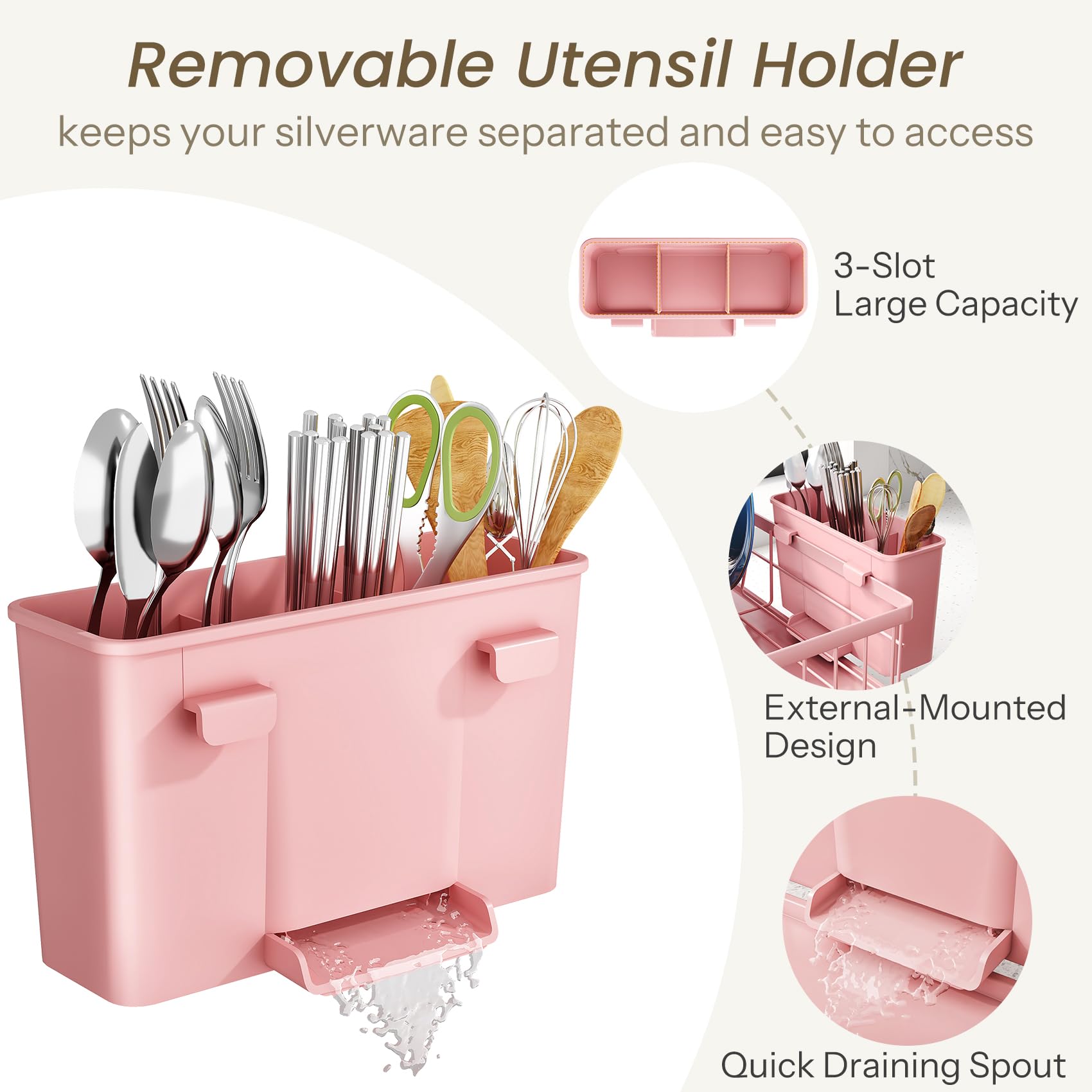 SNTD dish drying rack non-slip caps in pink, protects countertops.