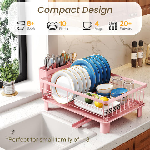 SNTD dish drying rack with utensil holder in pink, keeps flatware organized.