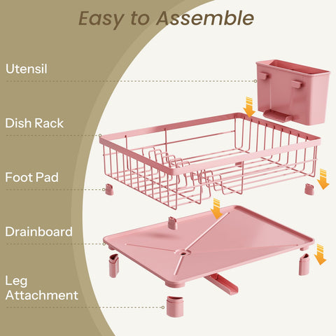 SNTD dish drying rack with water drain spout in pink, reduces countertop mess.
