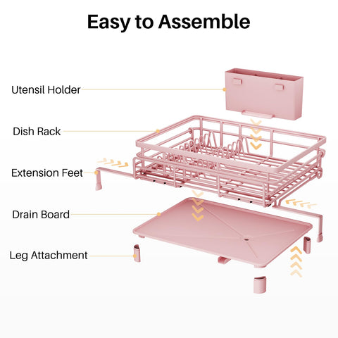 Space-saving design fits over the sink for tidy countertops.