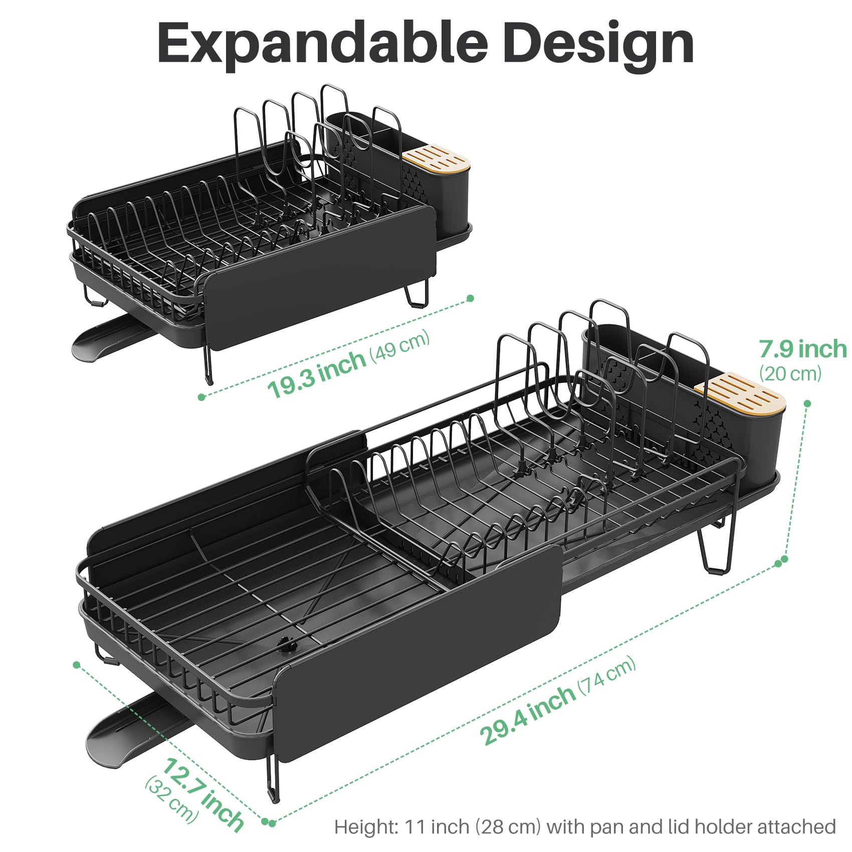 SNTD dish rack with 3-compartment utensil holder keeps utensils organized.