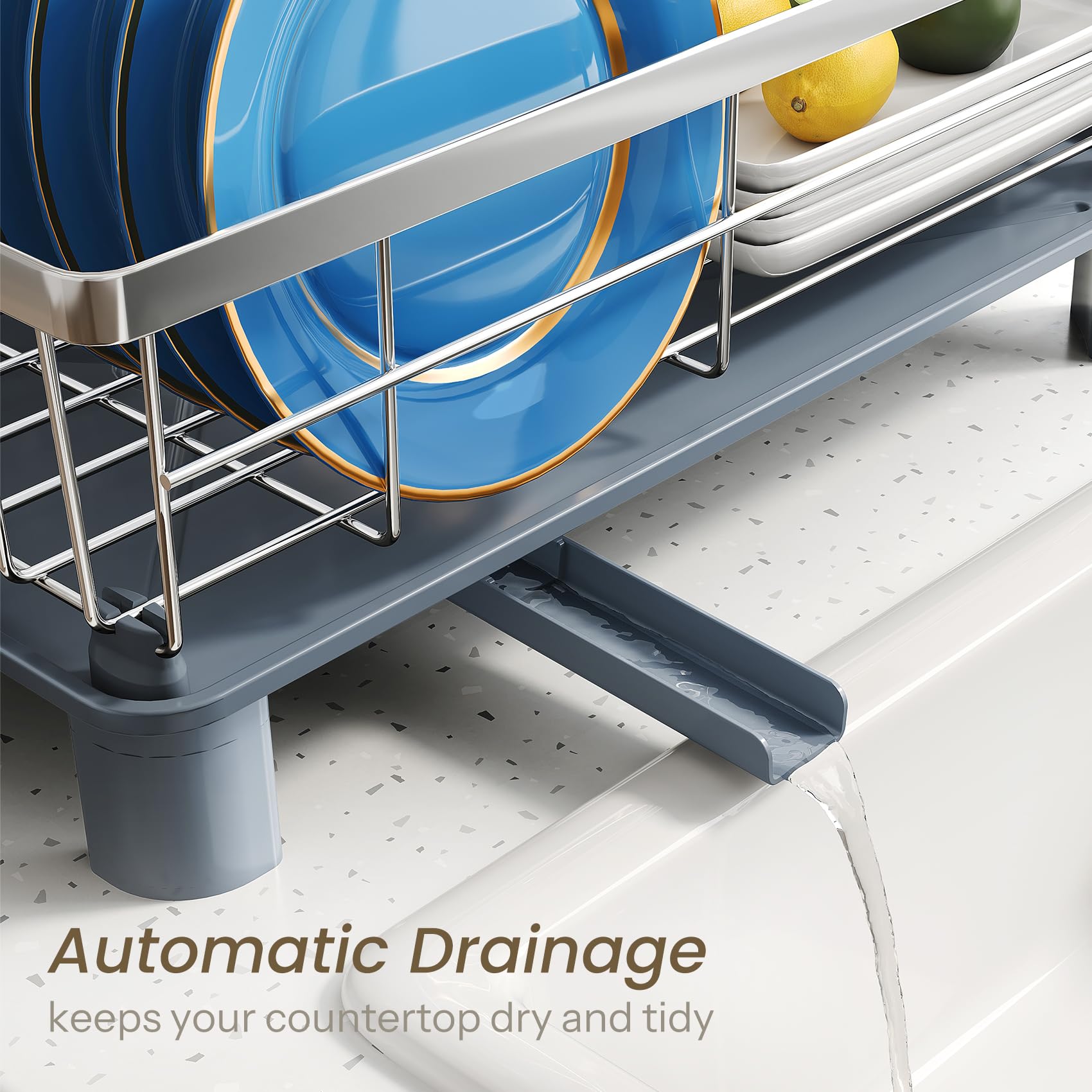 SNTD dish drying rack features anti-slip caps to protect surfaces.