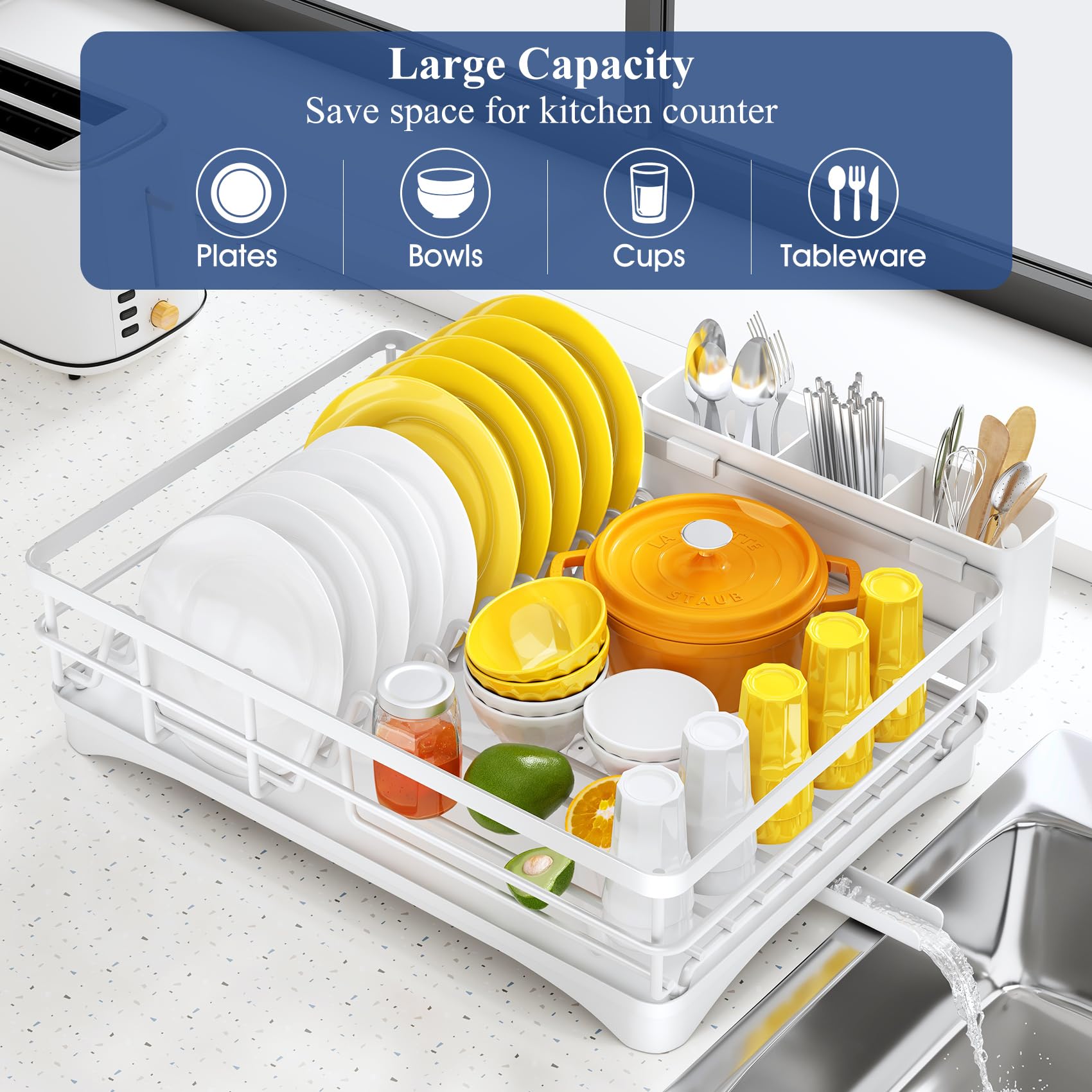 SNTD dish drying rack three-slot utensil holder keeps spoons, forks, knives organized.