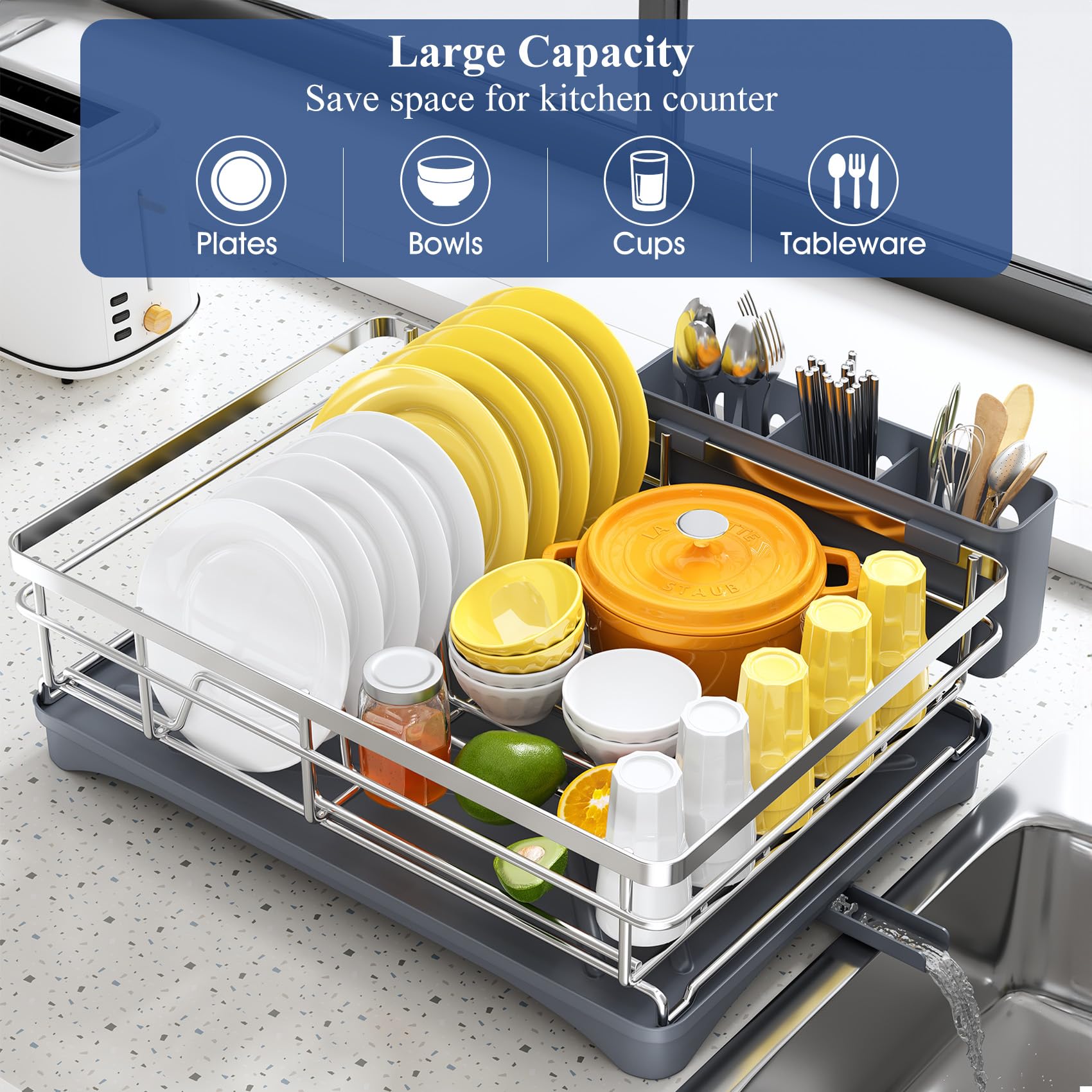 SNTD dish drying rack with three-slot utensil holder for easy cutlery organizing