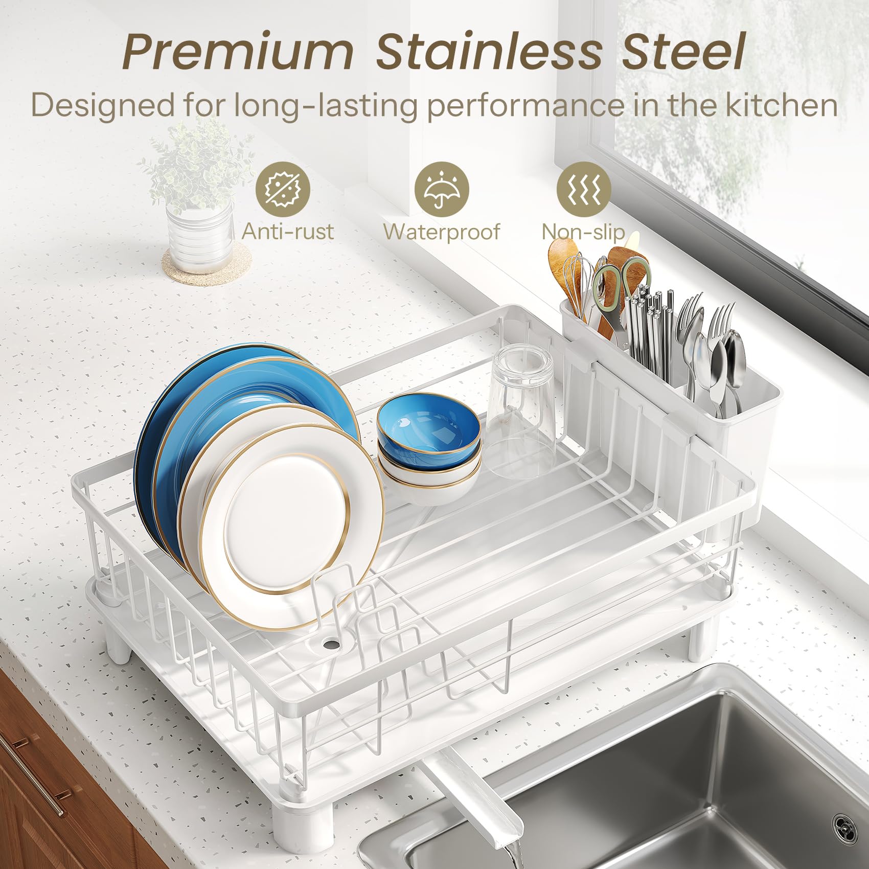 SNTD Dish Drying Rack with three-compartment utensil holder for neat flatware.