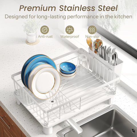SNTD Dish Drying Rack with three-compartment utensil holder for neat flatware.
