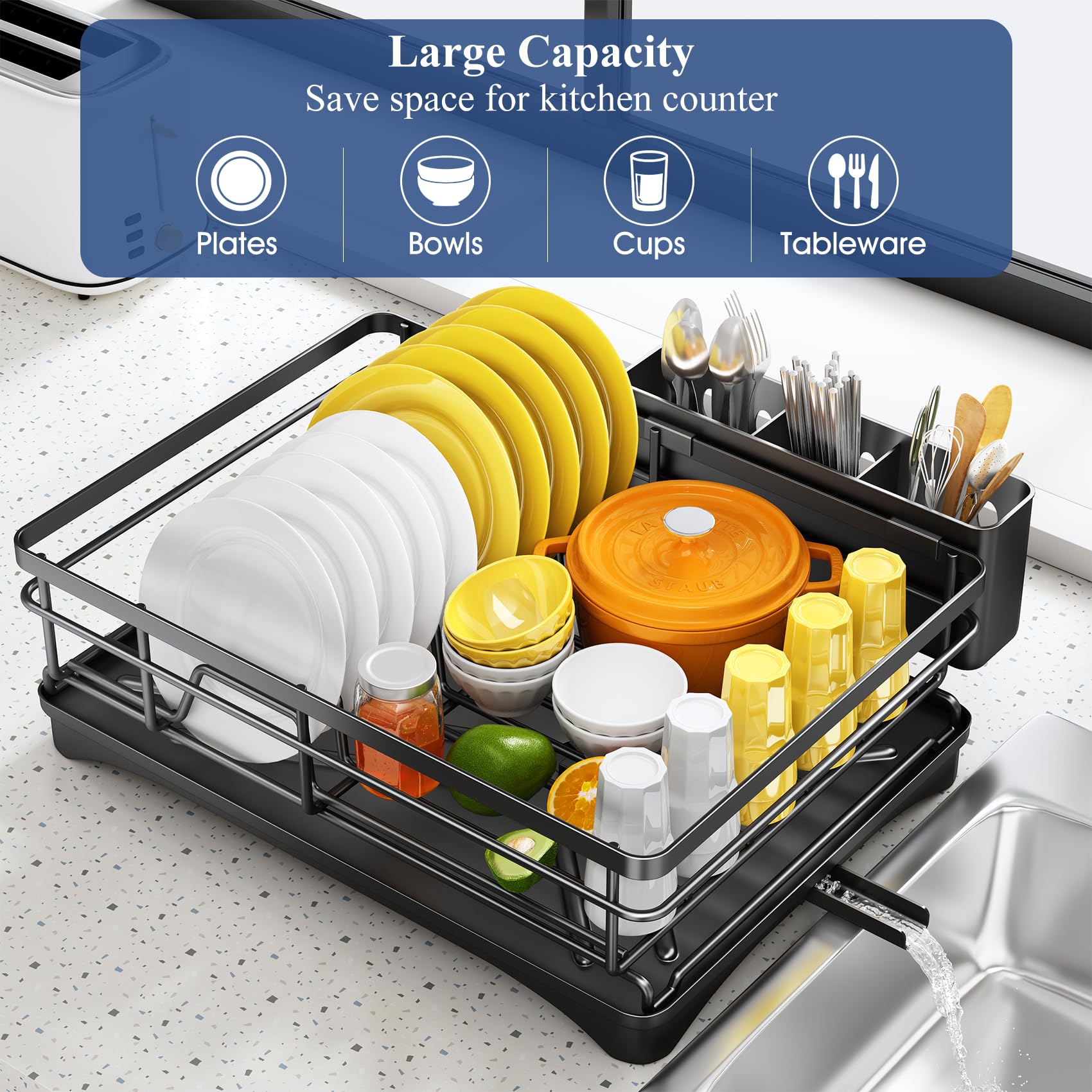 SNTD dish rack with larger utensil holder keeps spoons, forks, and knives organized.