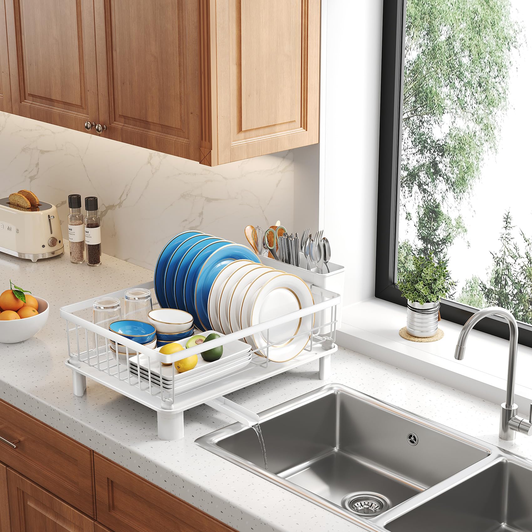 SNTD Dish Drying Rack white finish adds clean, modern kitchen look.