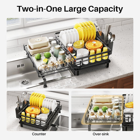 SNTD dish drying rack with width adjustment fits various sink sizes.