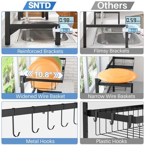 SNTD adjustable-length rack shows 26.8 to 34.6 inch versatility.