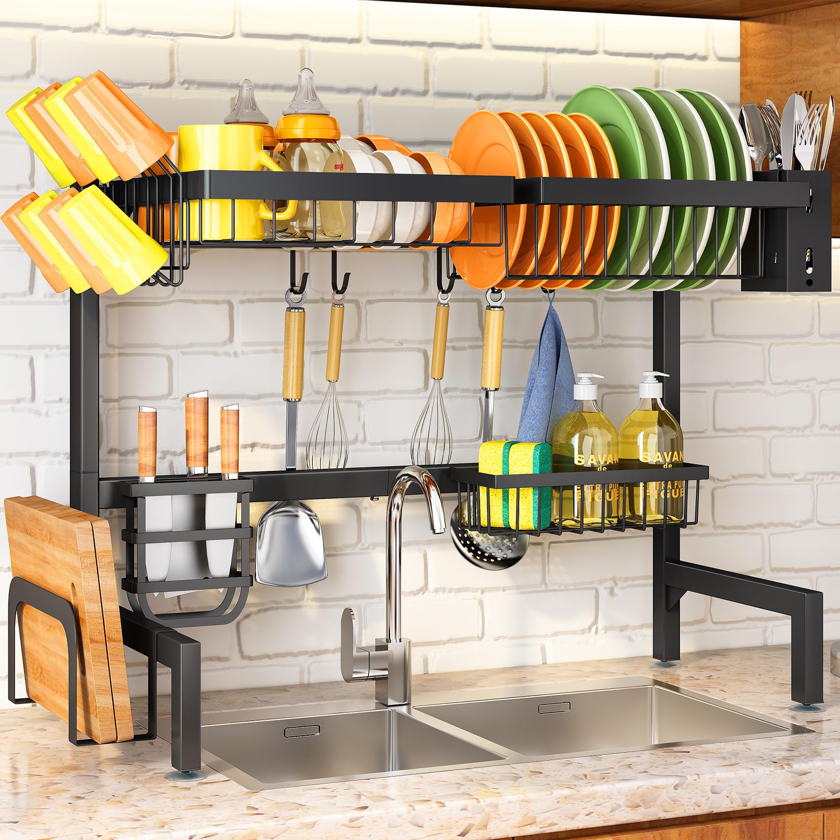 SNTD over-the-sink rack with wide capacity for bowls, plates, and utensils.
