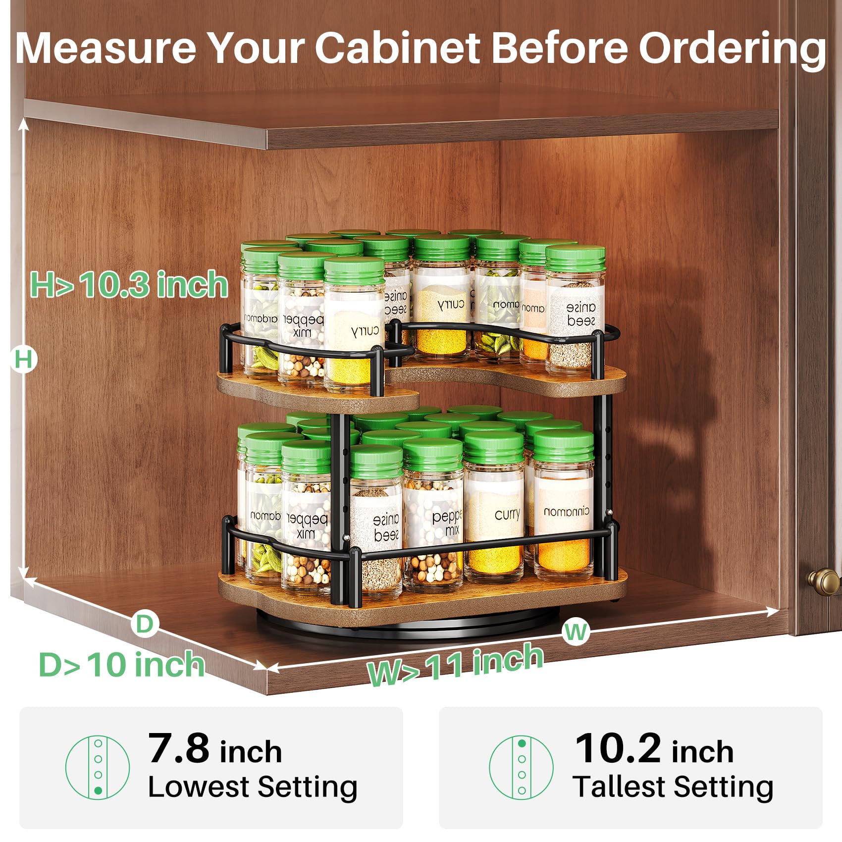 SNTD two-tier lazy susan demonstrates easy access to spices in a tall cabinet