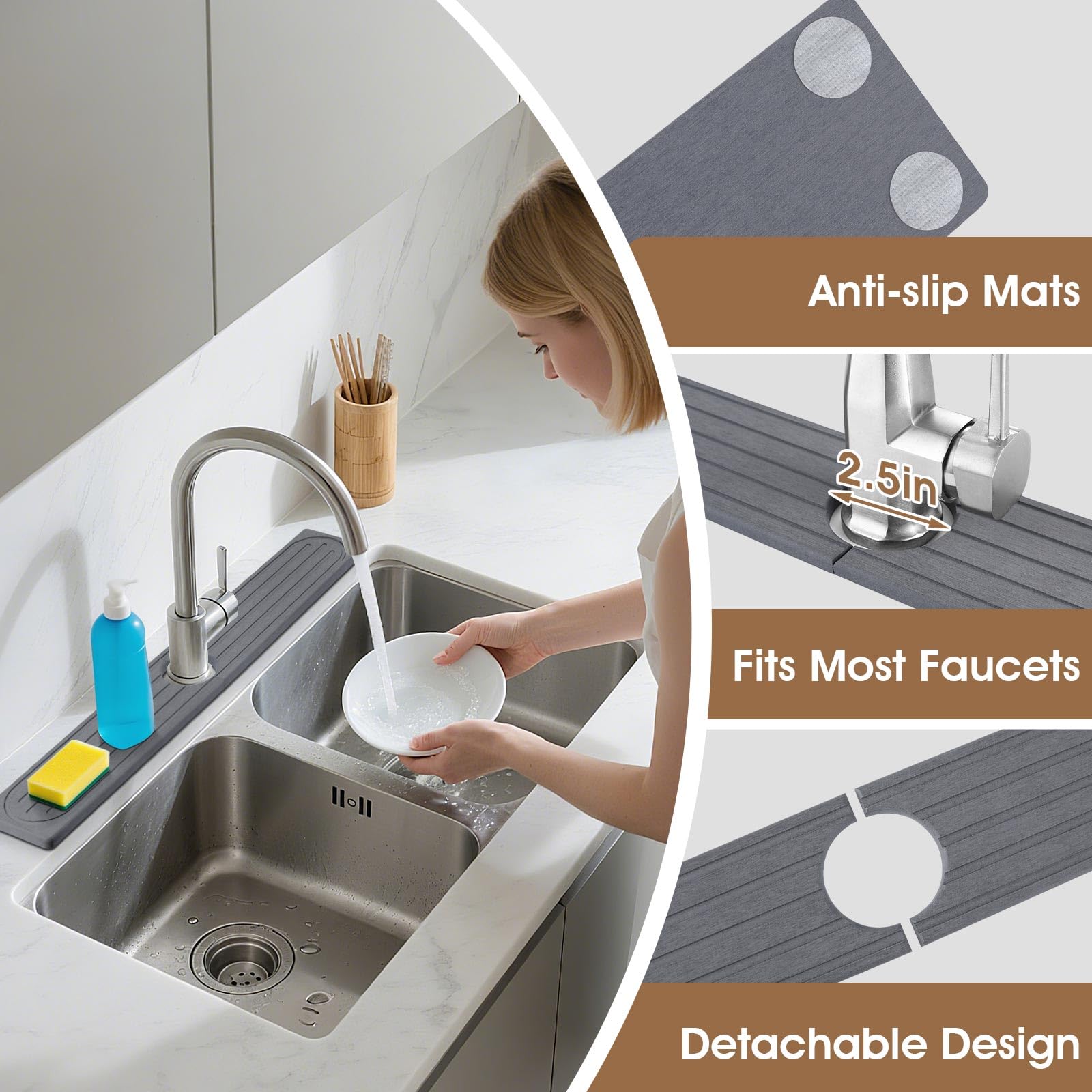 Snuggery diatomite tray doubles as splash guard and countertop organizer.