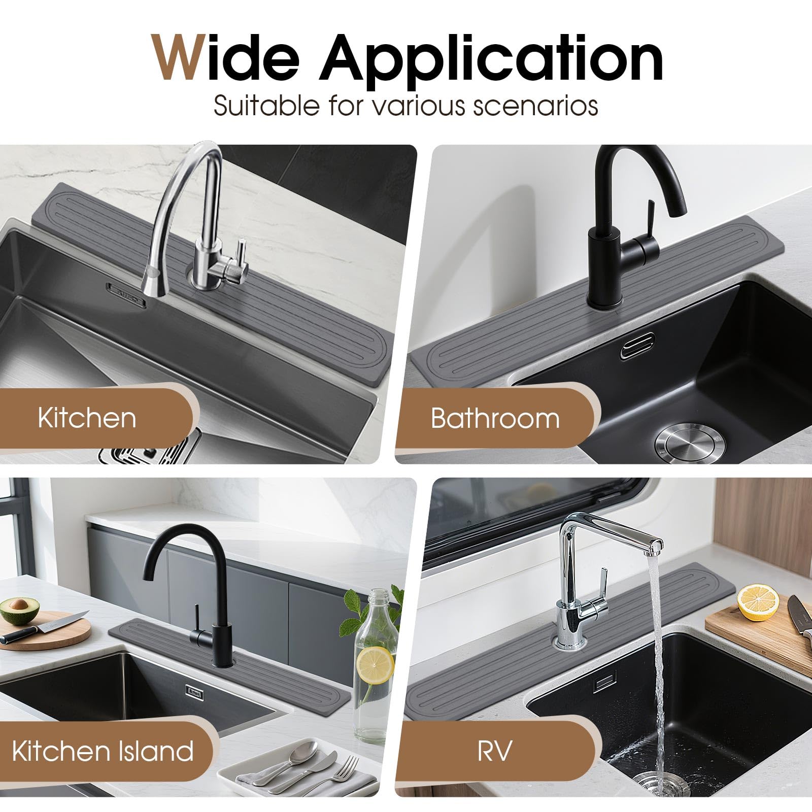 Snuggery grey faucet mat blends with decor while absorbing moisture.