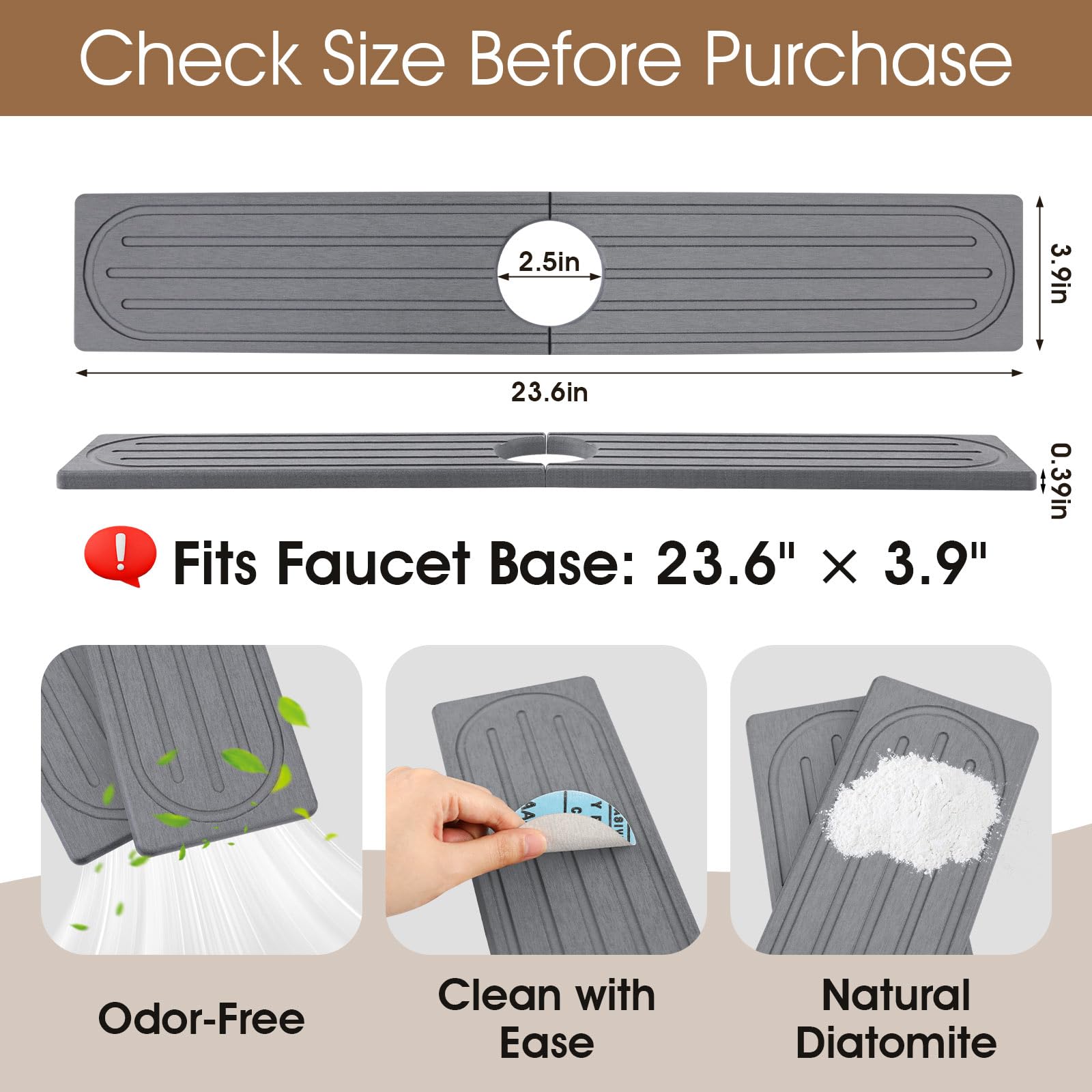 Snuggery faucet mat with wide 23.6x4 inch coverage fits standard faucet zones.