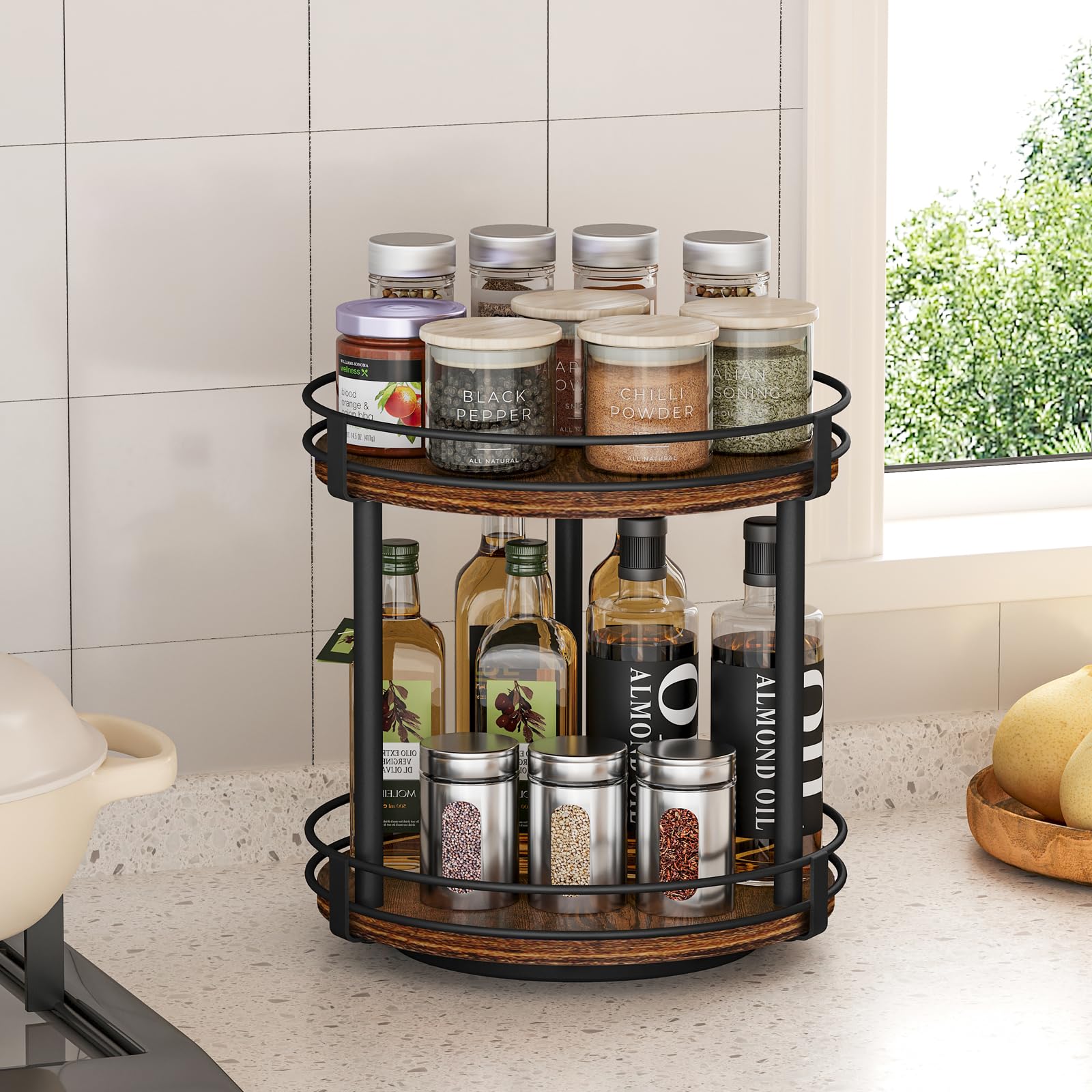 Snughome 2-tier Lazy Susan spins smoothly, providing quick access to spices and cans.