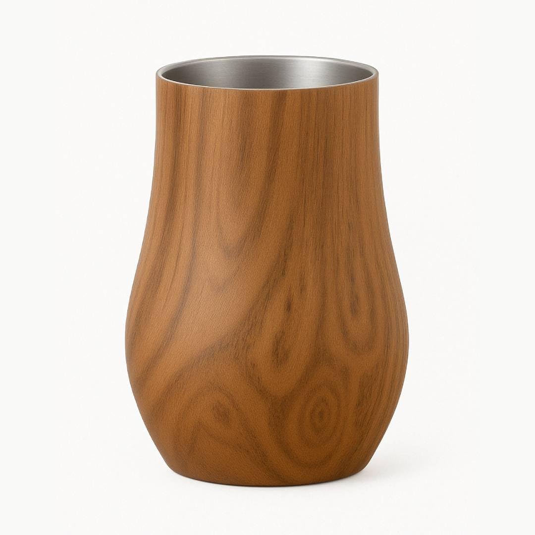 Snute double-wall whiskey glass front view in walnut finish, maintains temperature stylishly.