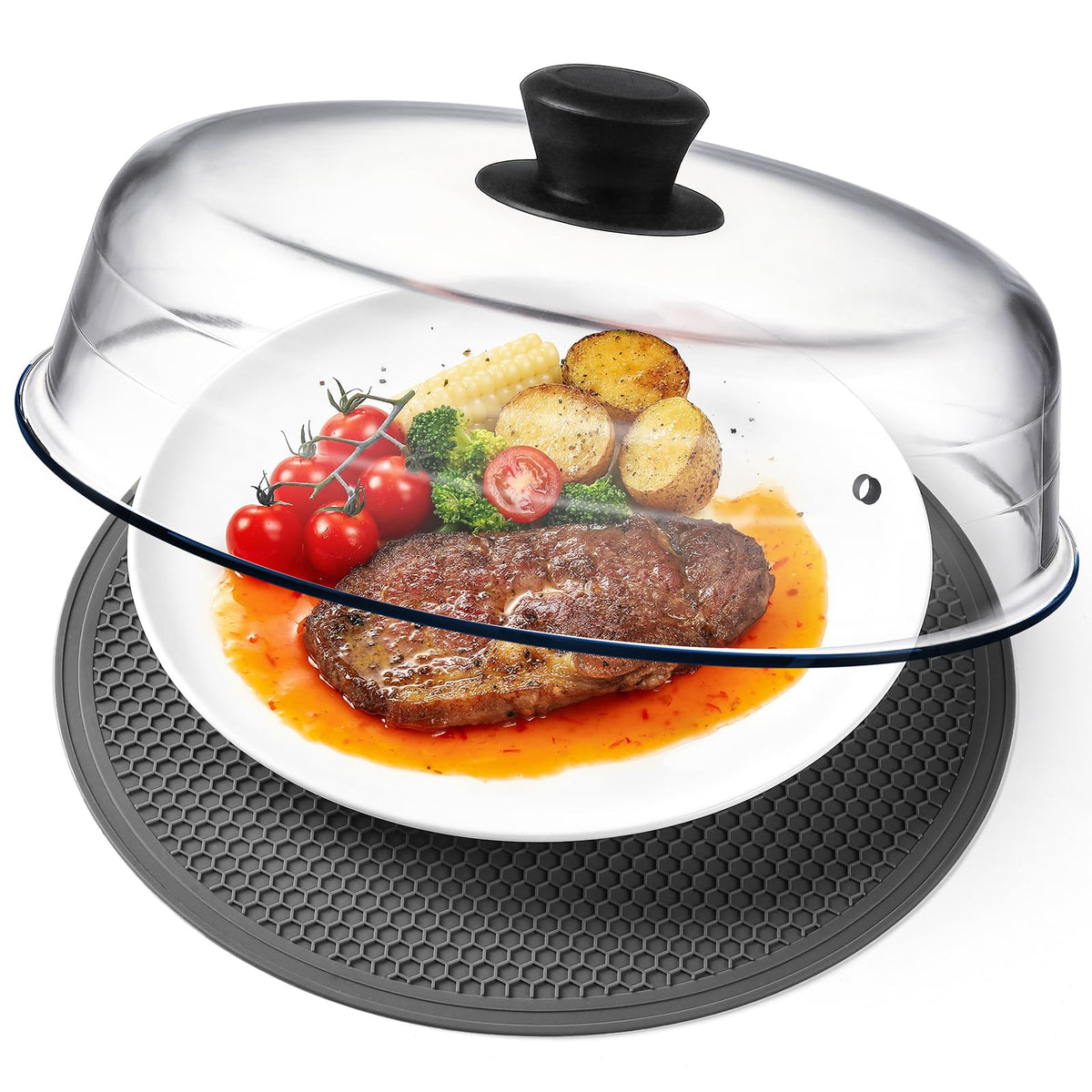 Snuvid 2-in-1 glass microwave splatter cover 10in protects plates from splatters during microwaving.