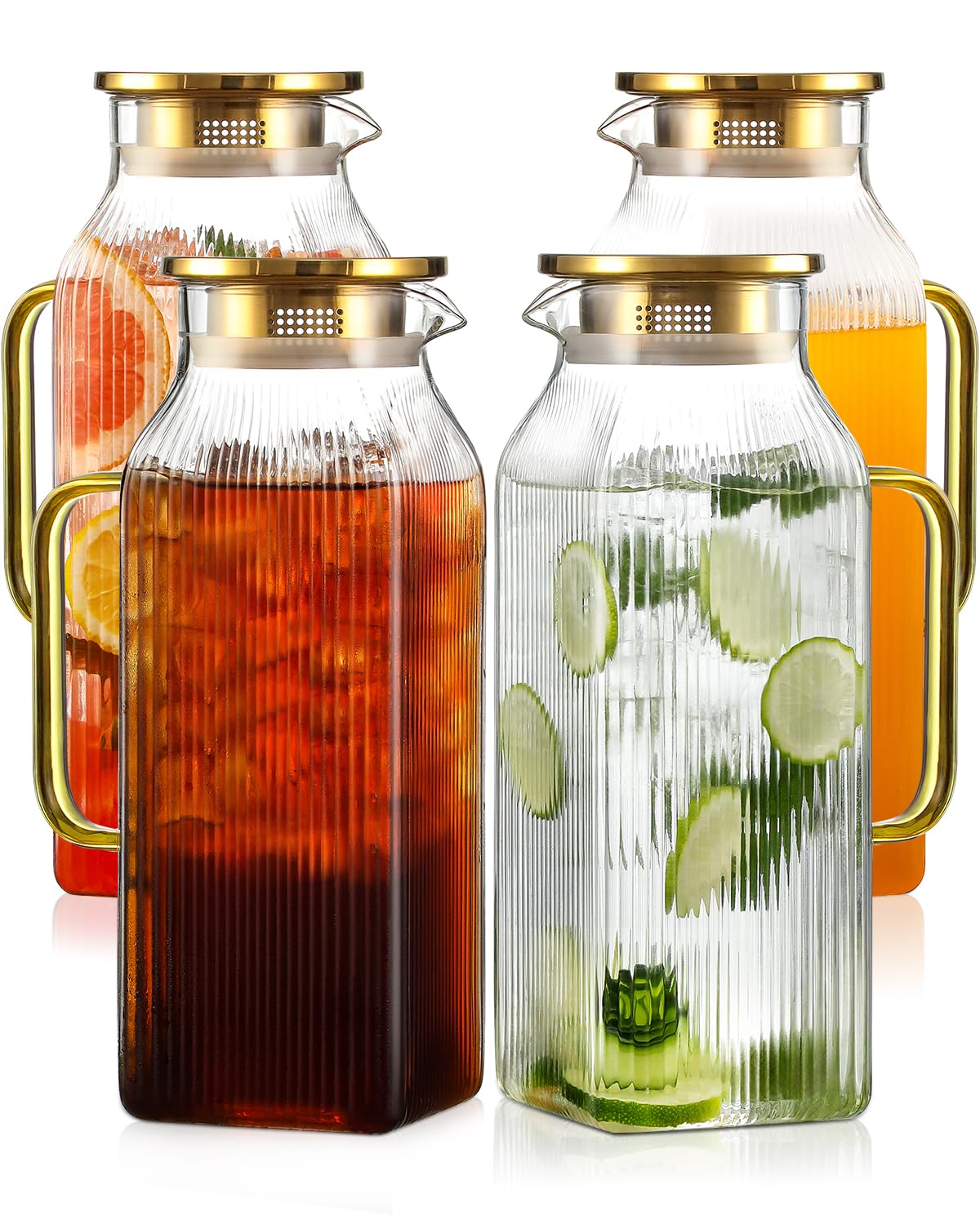 Snuvid 4-pack square pitcher gold, front view for space-saving fridge storage.