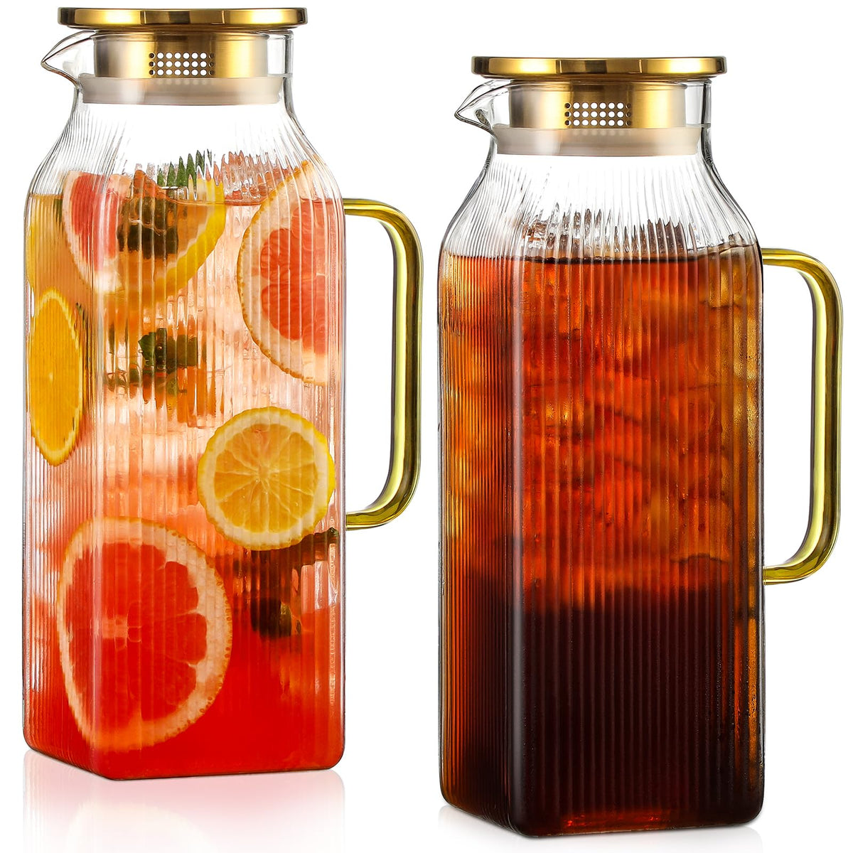 Snuvid square gold pitcher with 2-liter capacity and striped design for beverages